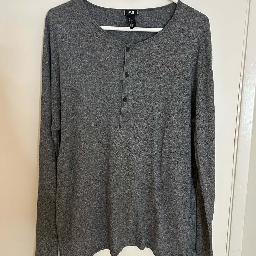 H&M Men's Long-Sleeve Henley Shirt - Dark Heather Gray